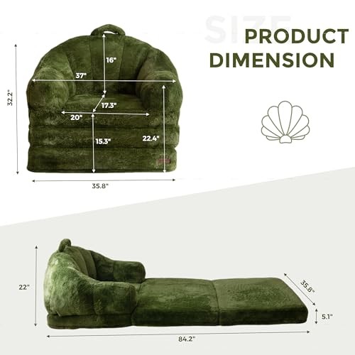 Folding Sofa Bed, 2 in 1 Convertible Sofa to Lounger Comfy Single Bean Green