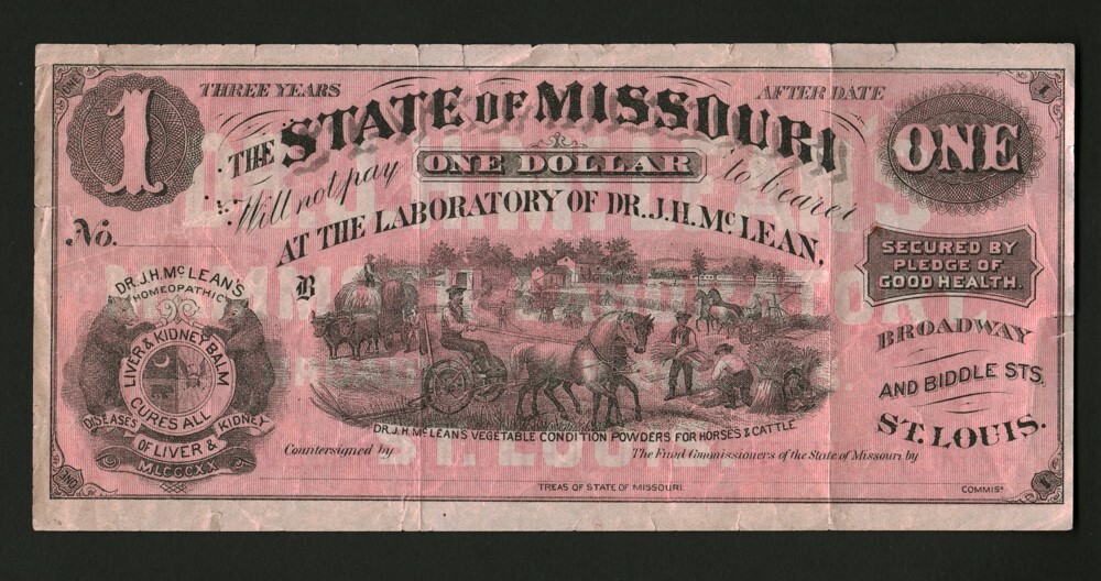 US 1870 's $1 Missouri Dr. J.H. McLean Advertising Note very scarce! RC0675 com