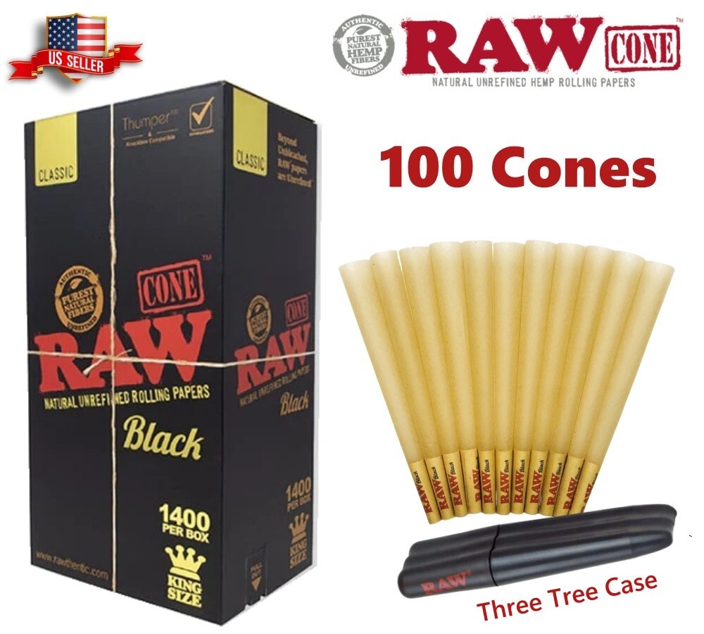 Authentic RAW Black King Size Pre-Rolled Cone 100 Pack & Three Tree Case