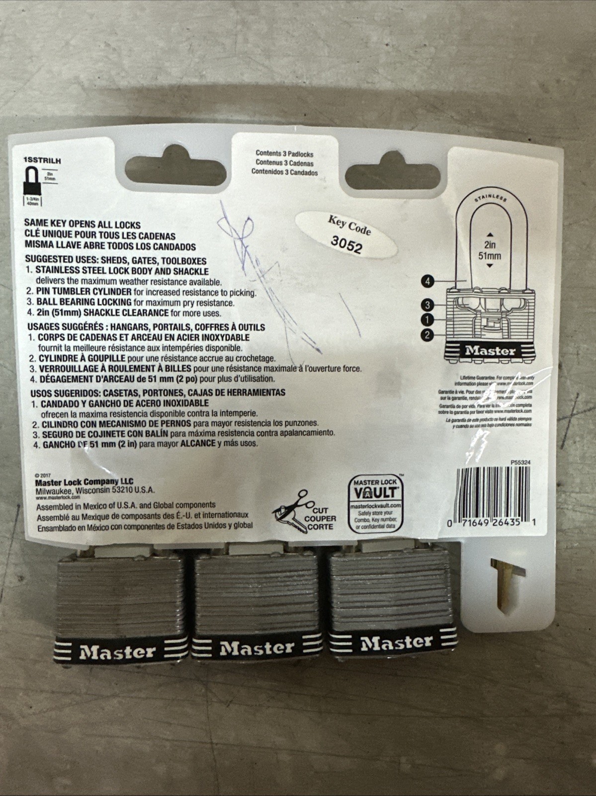 NEW Master Lock 3pack Key Code 3052 PN: 1SSTRILH