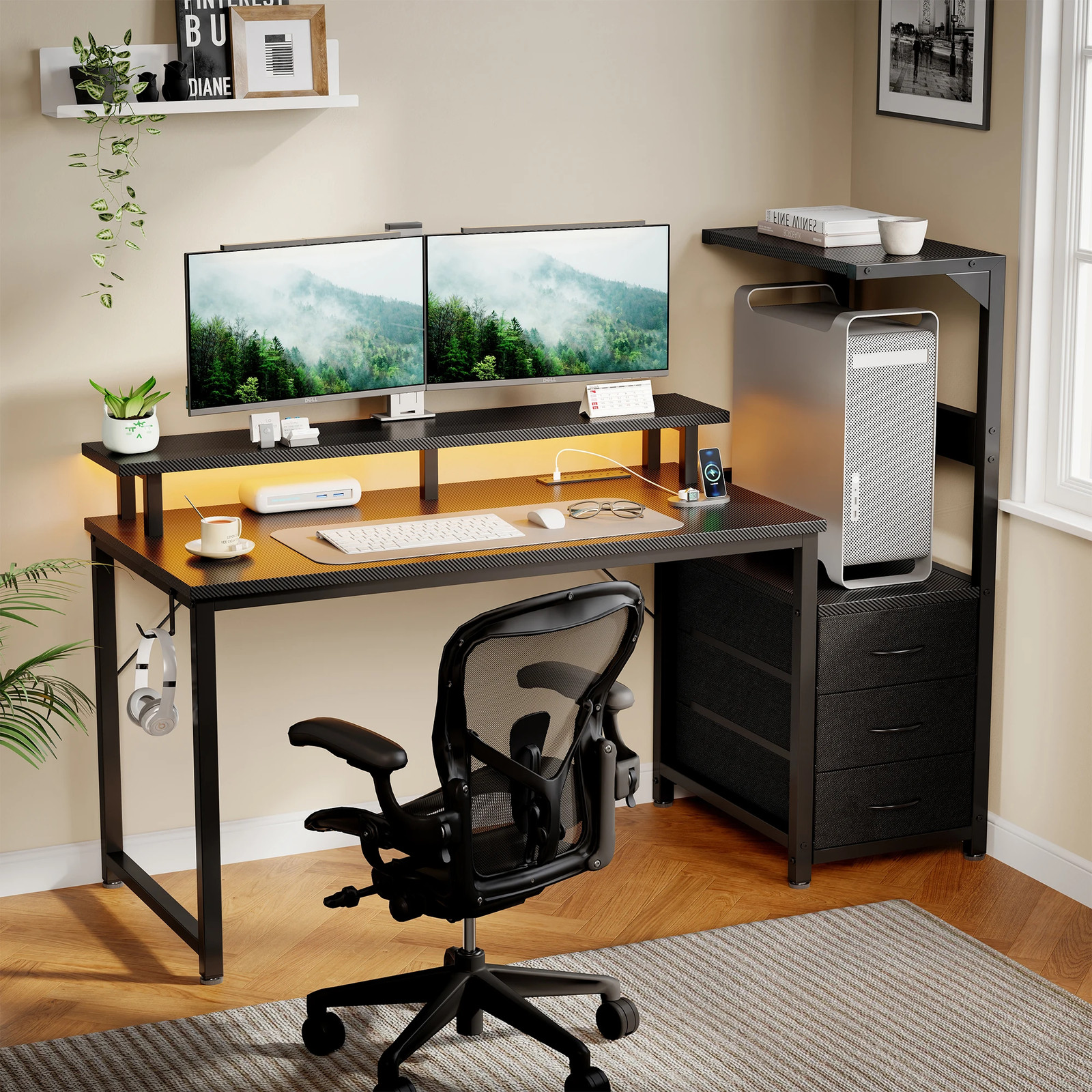 52In to 59In Gaming Desk with 3 Storage Drawers Wood Office Computer Desks