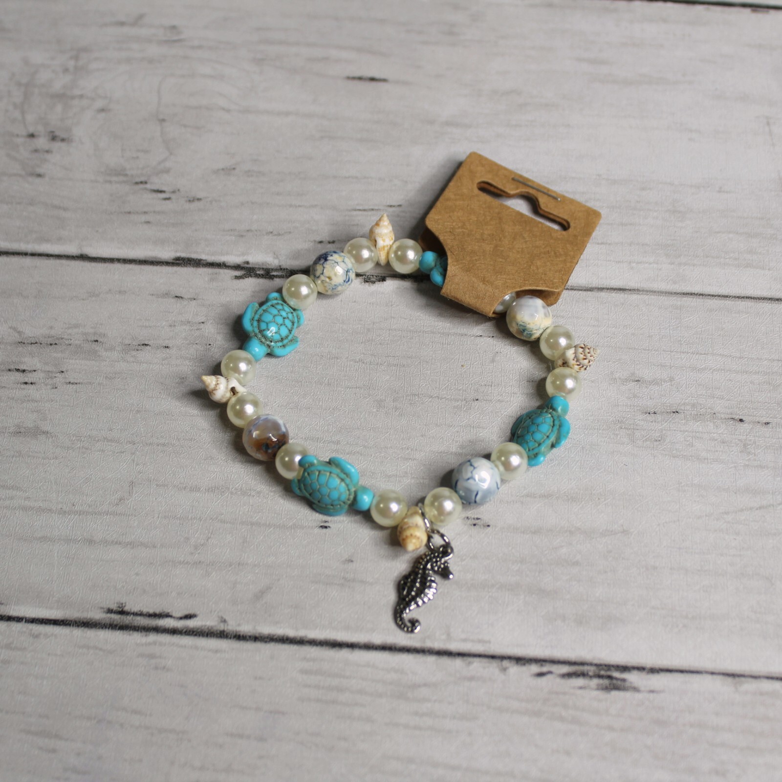 Handcrafted Women's Beaded Bracelet Beach Seahorse Seashell Turquoise Turtles