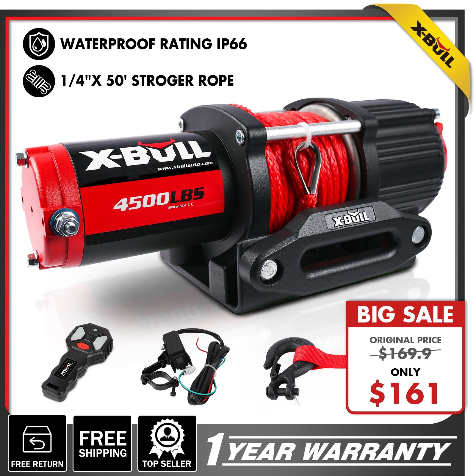 X-BULL Electric Winch 4500lb Wireless Remote Synthetic Rope ATV UTV Boat 4WD 12V