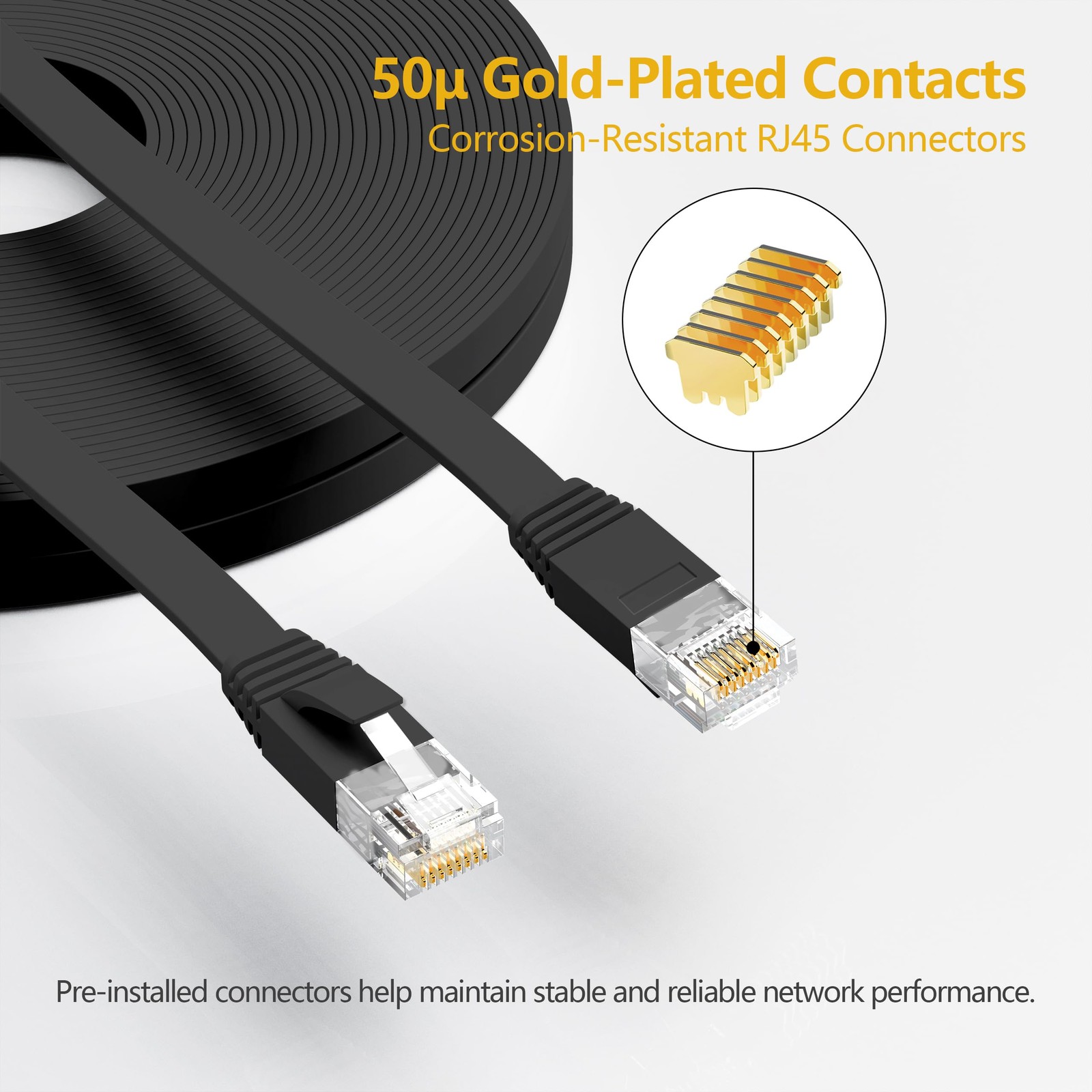 Black Cat 6 Ethernet Cable 5ft 10Gbps Flat High Speed LAN Patch 10 PCS