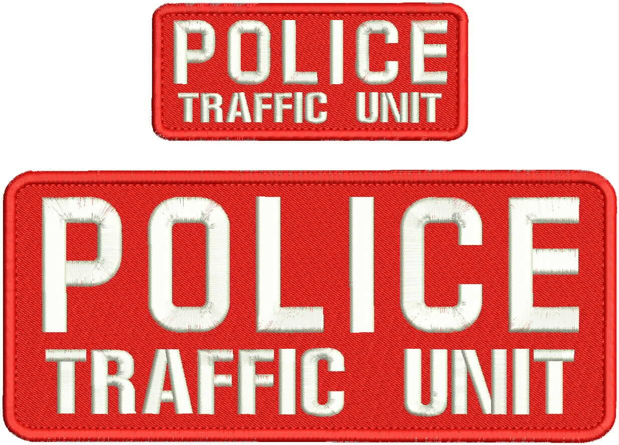 Collectible Embroidery Patch Police Traffic Unit 4X10AND 2X5 White On Red