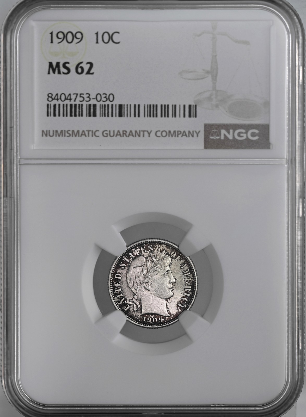 1909-P  10C BARBER SILVER DIME  "PHILADELPHIA"  NGC MS62  8404753-030