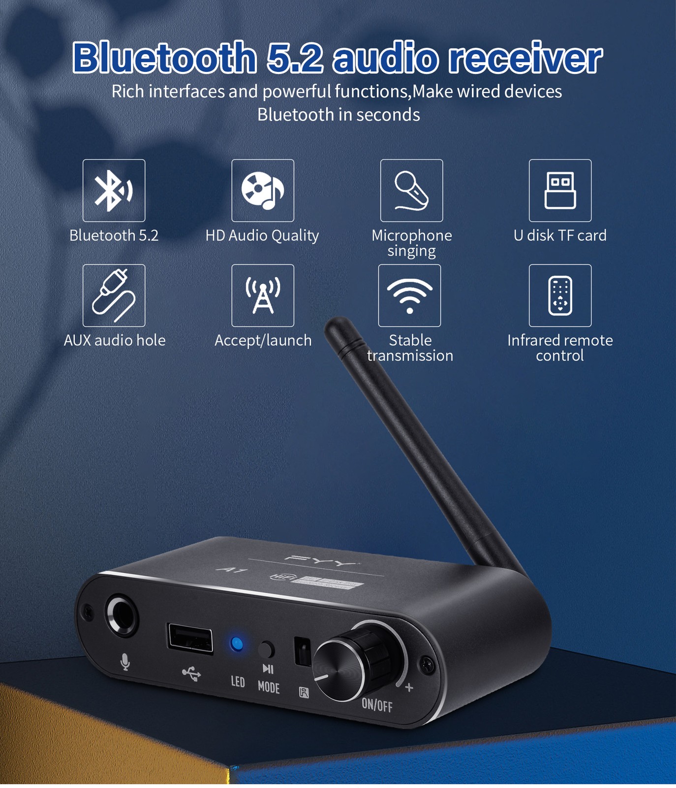 Wireless Bluetooth 5.2 Receiver A2DP/AVRC DAC Converter 3.5mm AUX Audio Adapter