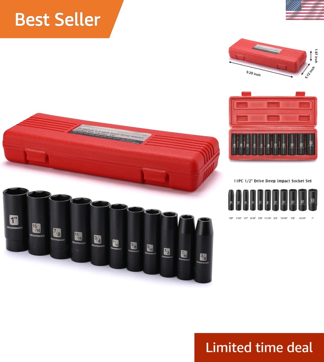 11-Piece Chrome Vanadium 1/2-Inch Drive Impact Socket Set with 6-Point Design