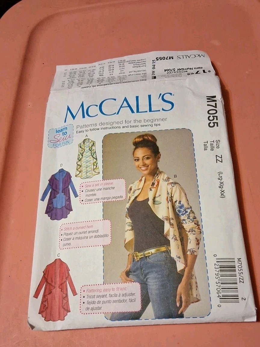 MCCALL'S M7055 Easy to Sew WATERFALL Vest Cardigan PATTERN Y xs-s-m Uncut