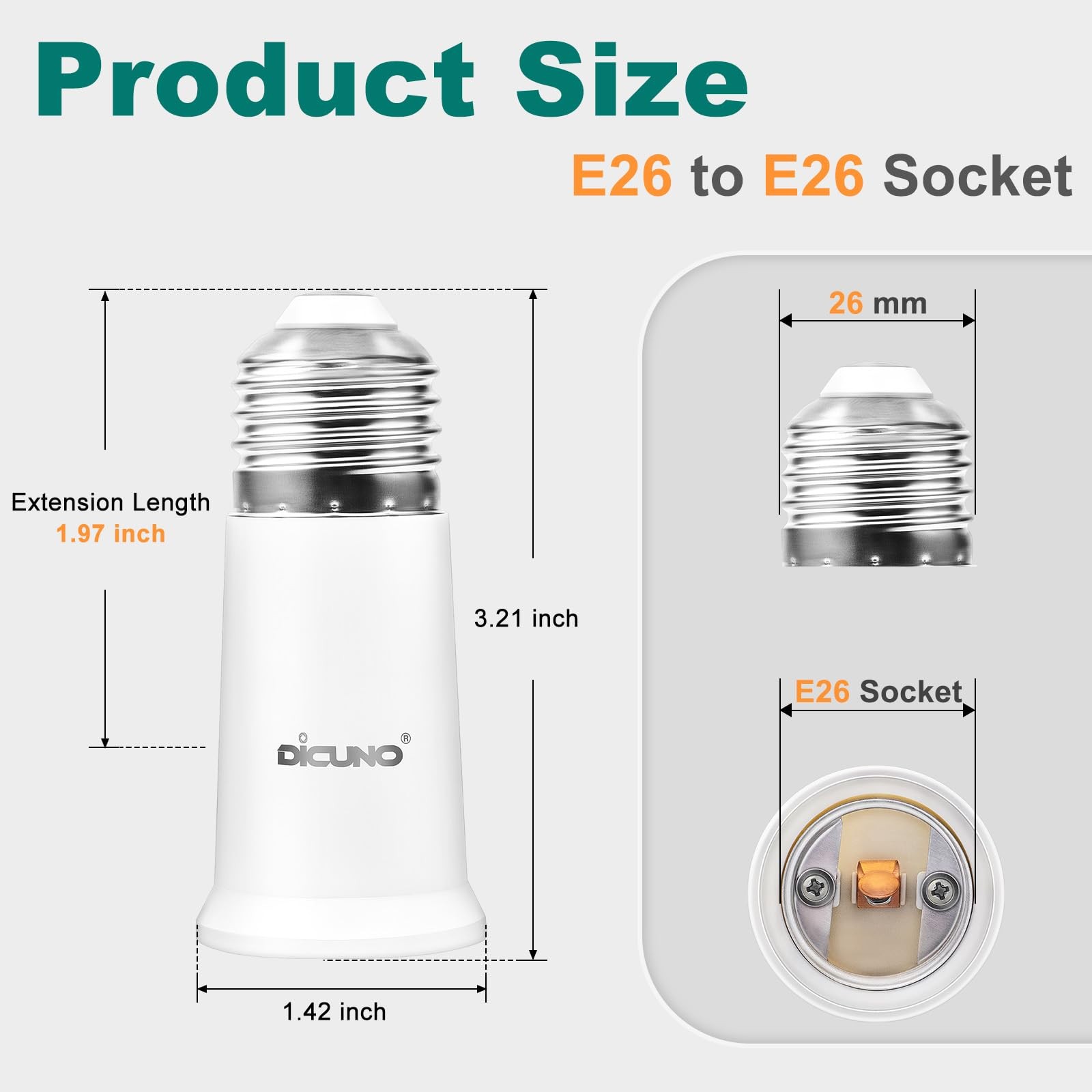 DiCUNO E26 Socket Extender, Standard Medium 6 Count (Pack of 1), White