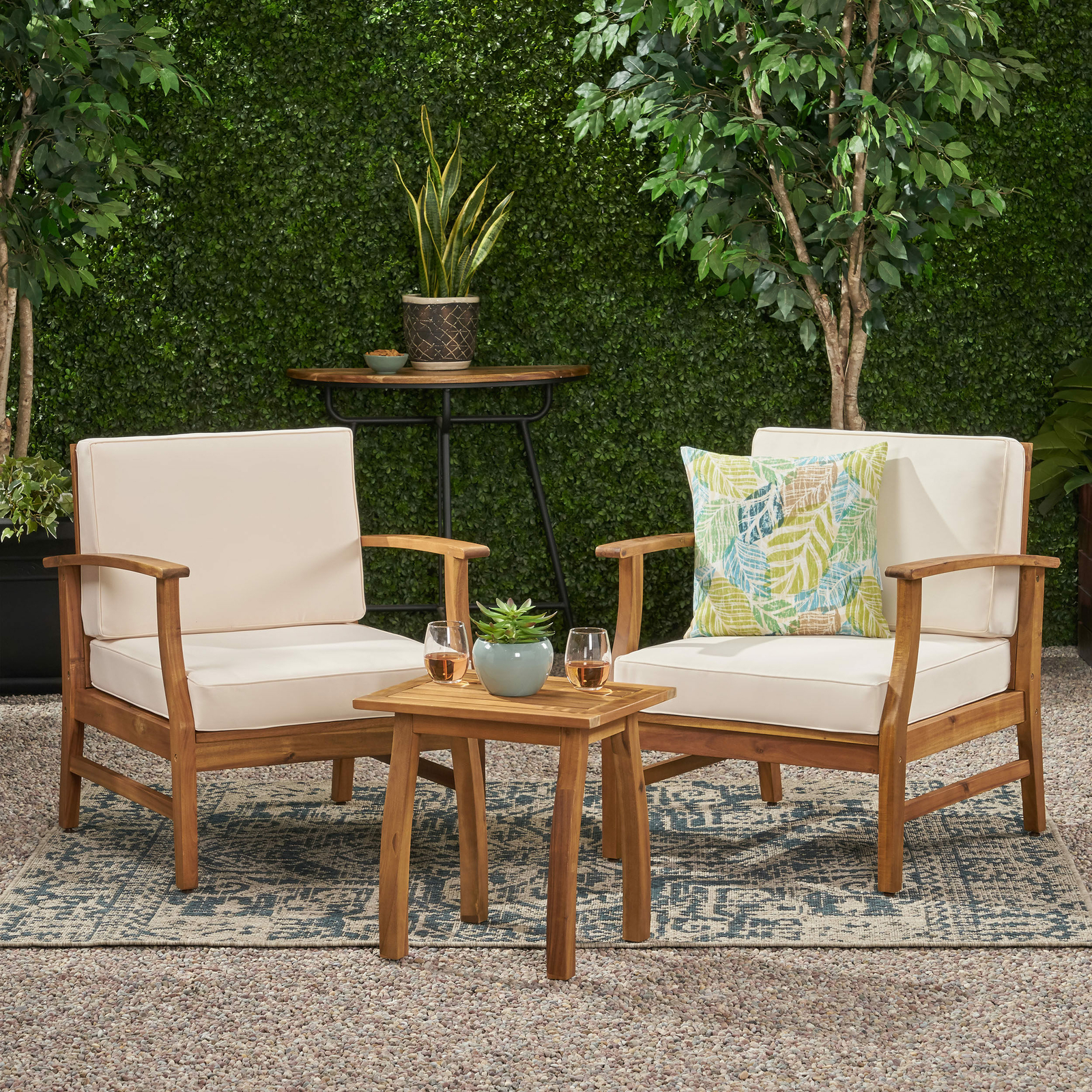 Pearl Outdoor 3 Piece Acacia Wood Chat Set with Water Resistant Cushions
