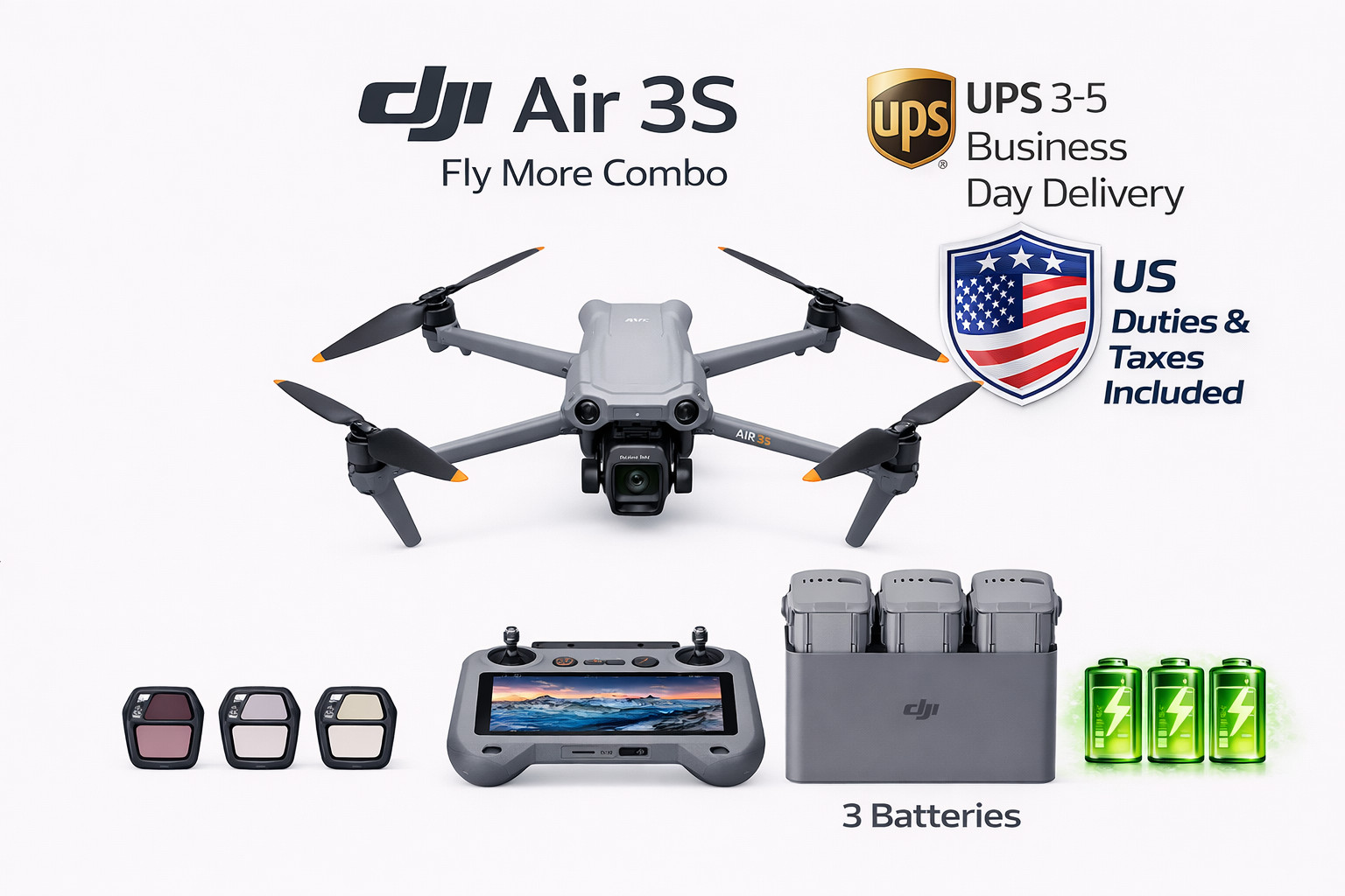 DJI Air 3S Fly More Combo, 3 Batteries (DJI RC 2), (US Duty Included)