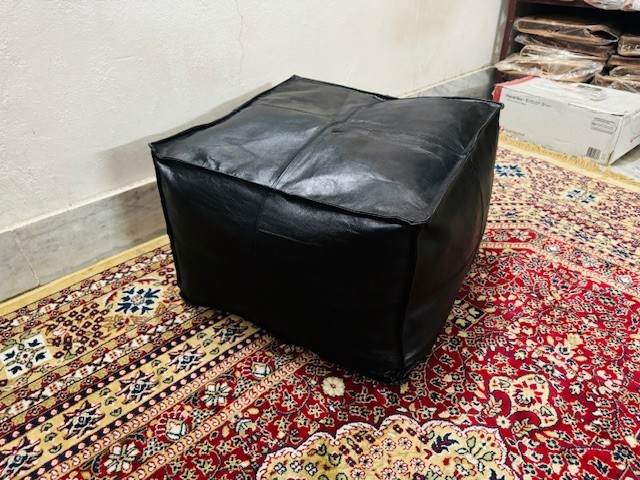 20 Inch Black Leather Pouf Ottoman – Authentic Moroccan Boho Footstool