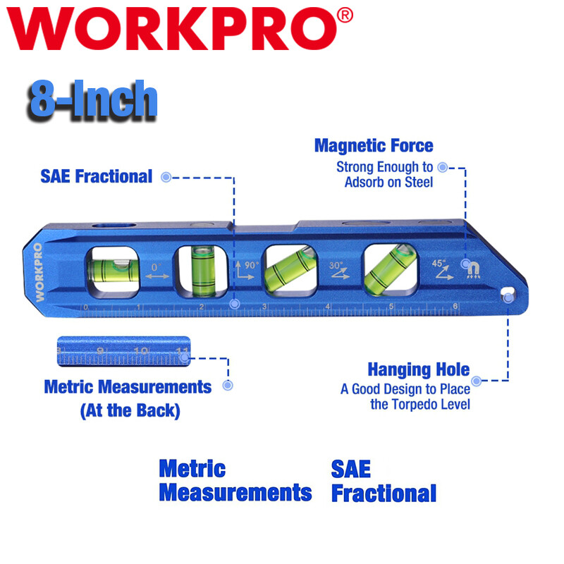 WORKPRO 8-Inch Magnetic Torpedo Level Aluminum Alloy Construction 4 Bubble Vials