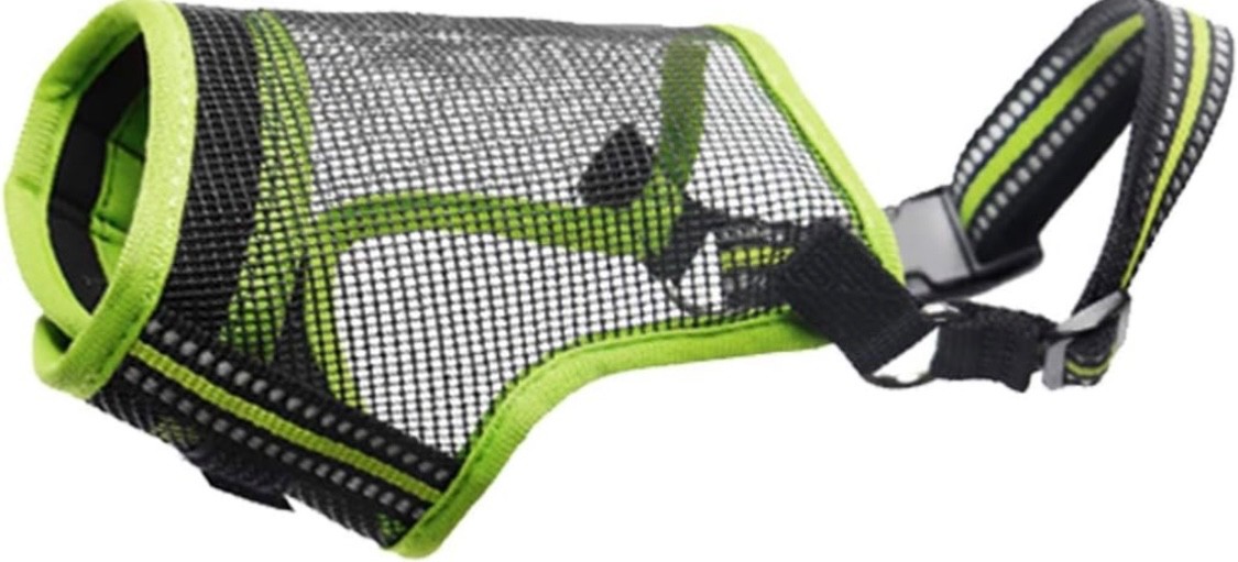 dog muzzle adjustable mesh breathable with poop bag neon green and black