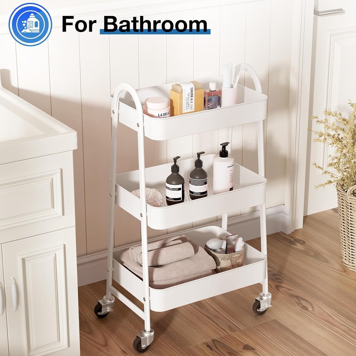 Rolling Storage Cart with Lockable Wheels Metal Utility Organizer Shelf White