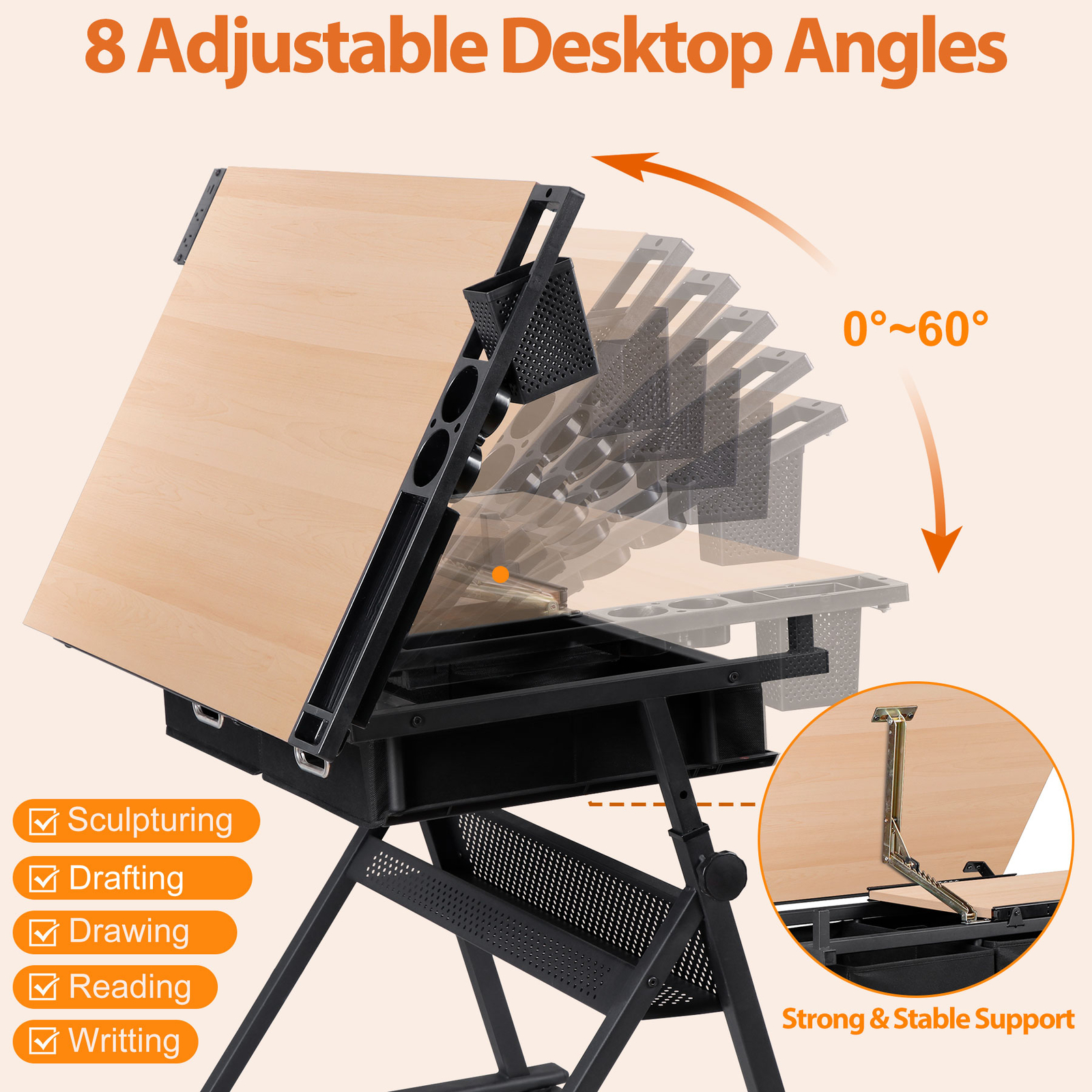 Drafting Table with Stool Set Artist Workstation Natural Writing Desk Home