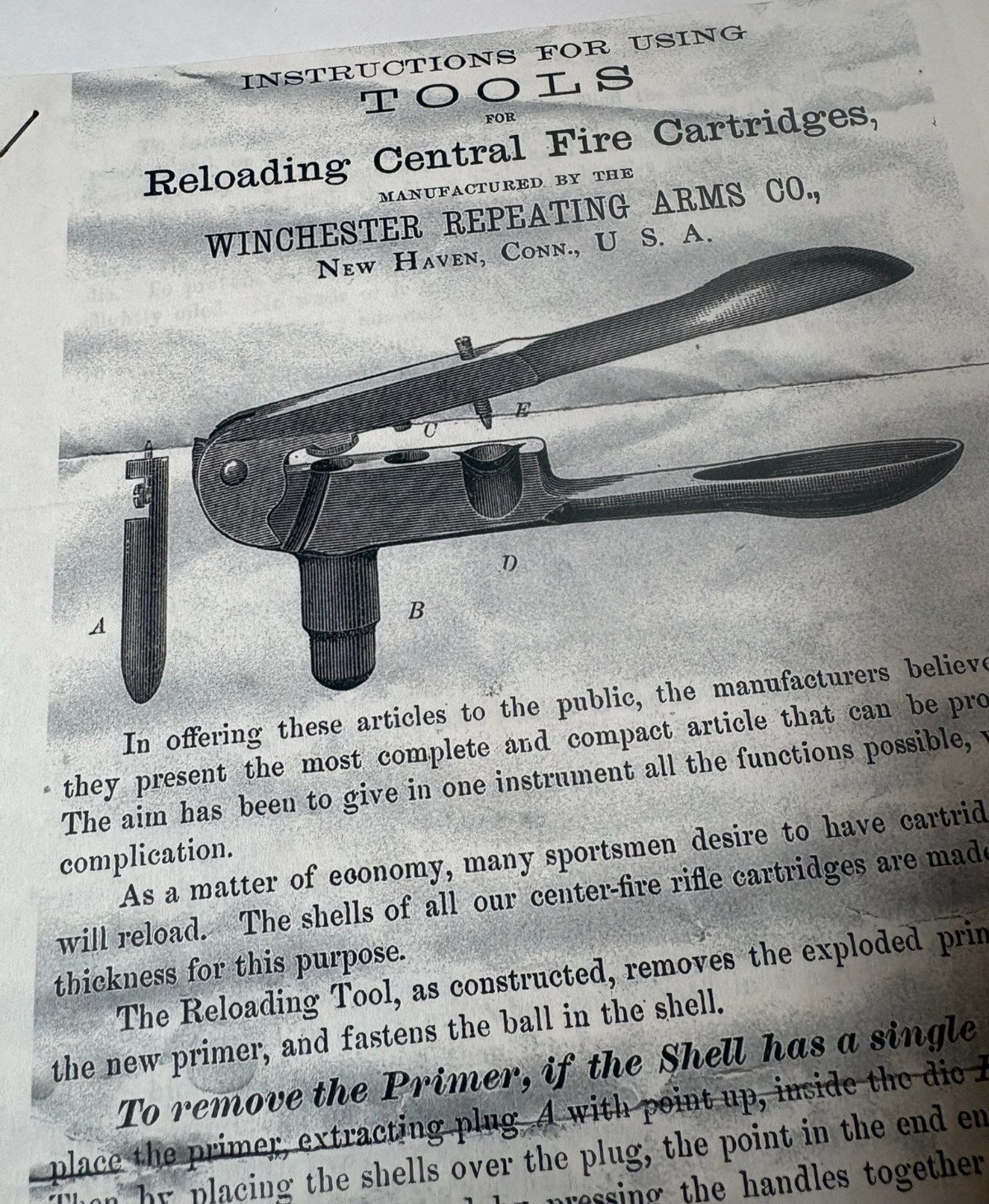 INSTRUCTIONS FOR USING WINCHESTER RELOADING TOOL, reprint #12 ANTIQUE