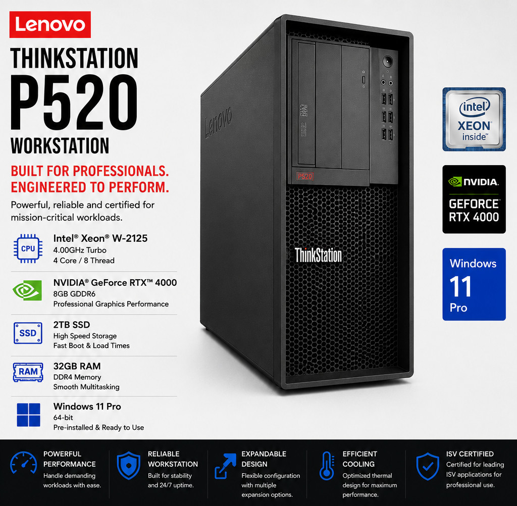 NEW Lenovo ThinkStation P520 Intel Xeon Nvidia RTX4000 2TB SSD 32GB RAM Win11P