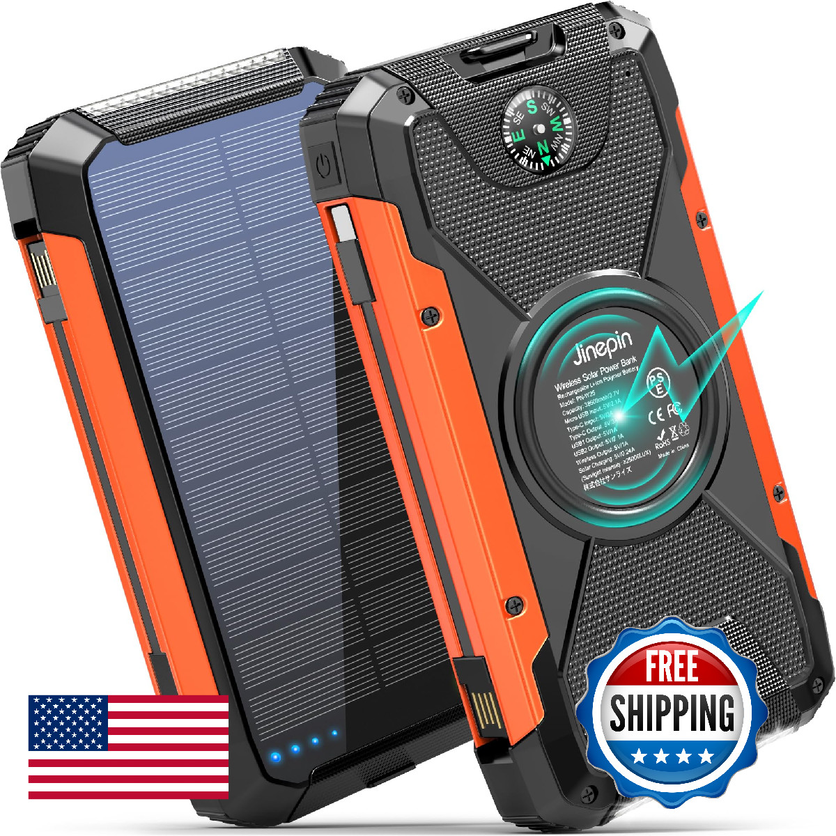 Jinepin Solar Charger Power Bank -38600mAh Solar Phone Charger Built in 3 Cables