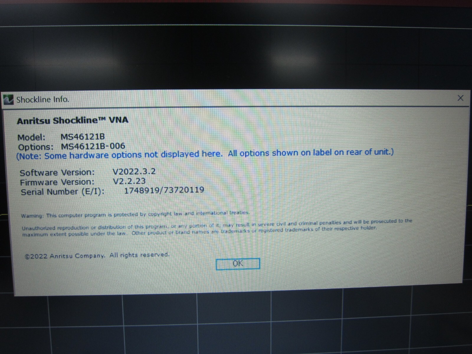 Anritsu 1-PORT USB ShockLine Network Analyzer MS46121B,Opt006, 6GHz, 1748919