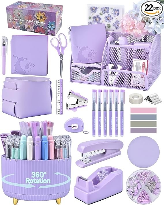Purple Desk Accessories and Organizers with Desk Organizer and 360°Rotating Pen