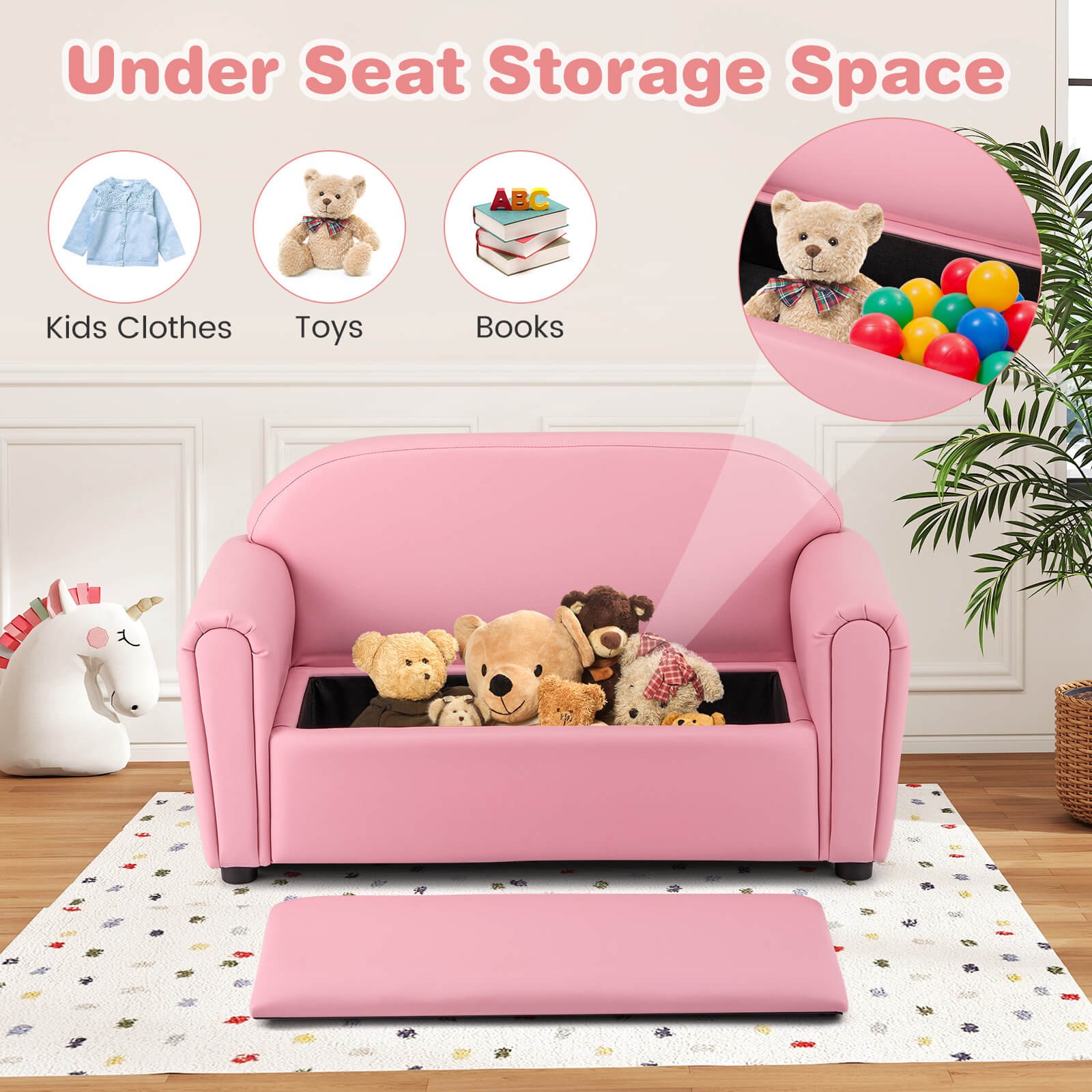 Kids Sofa Armrest Chair Lounge Couch Wood Construction Storage Box Living Room
