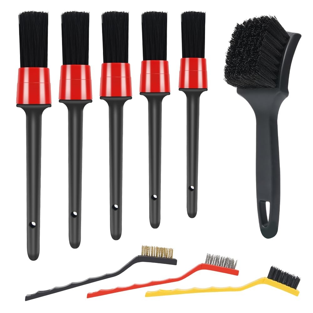 pulwury 9pcs Detailing Brush Set,Interior Cleaning Black, Red, Yellow