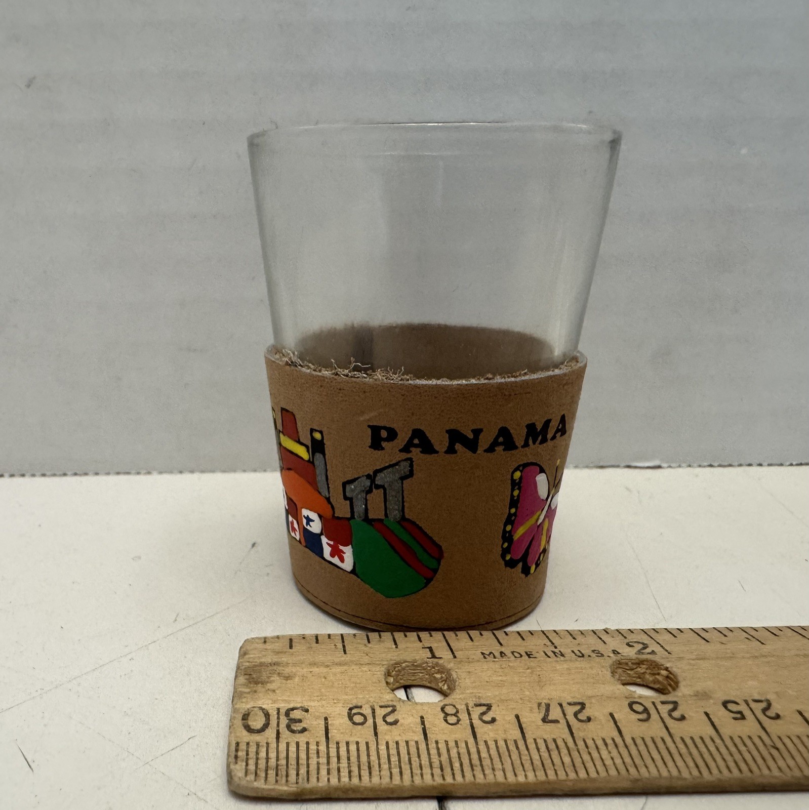 Painted Leather Covered Shot Glass Collectible Souvenir Panama