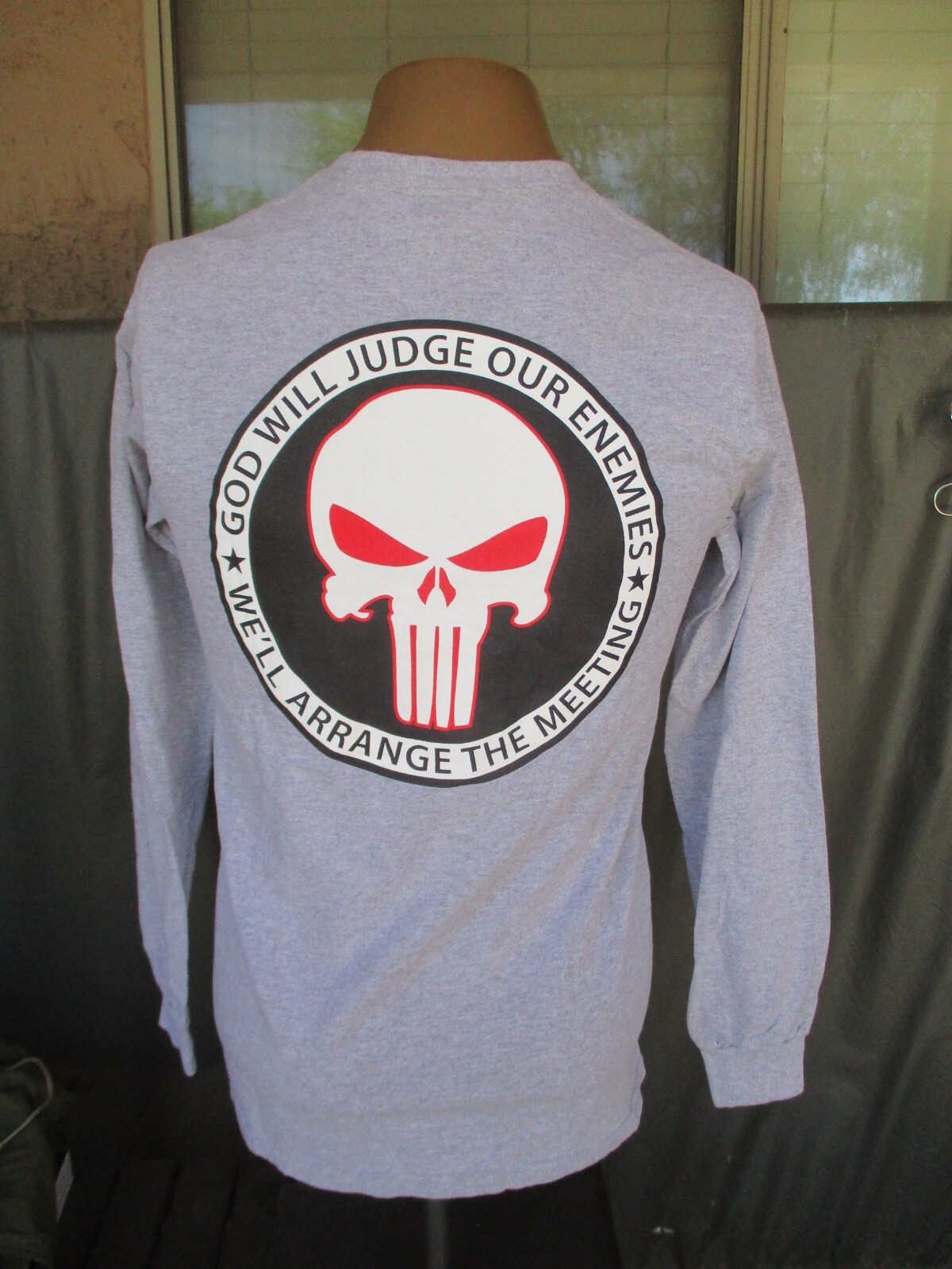 Vtg OEF Punisher GOD WILL JUDGE OUR ENEMIES Long Sleeve Tactical T Shirt, SMALL