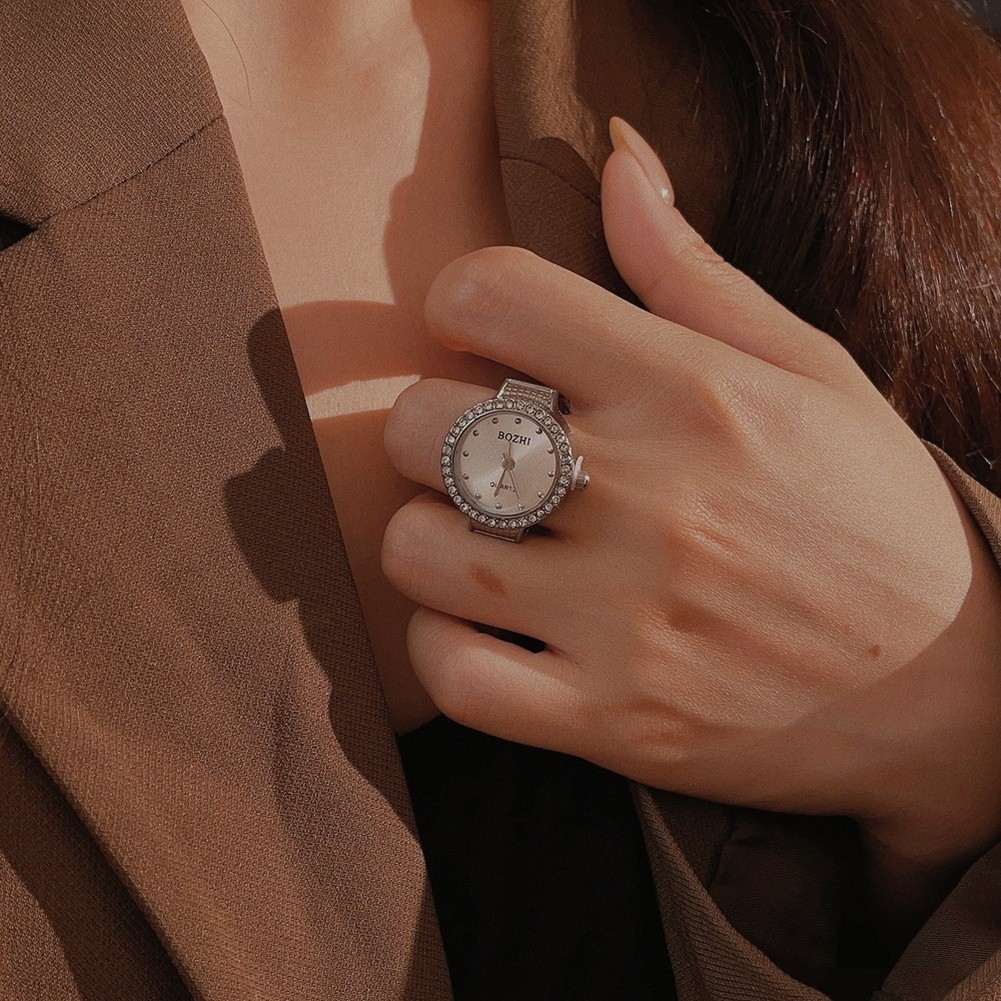 Quartz Watch Ring for Women Round Rhinestone Accent Adjustable Alloy Band