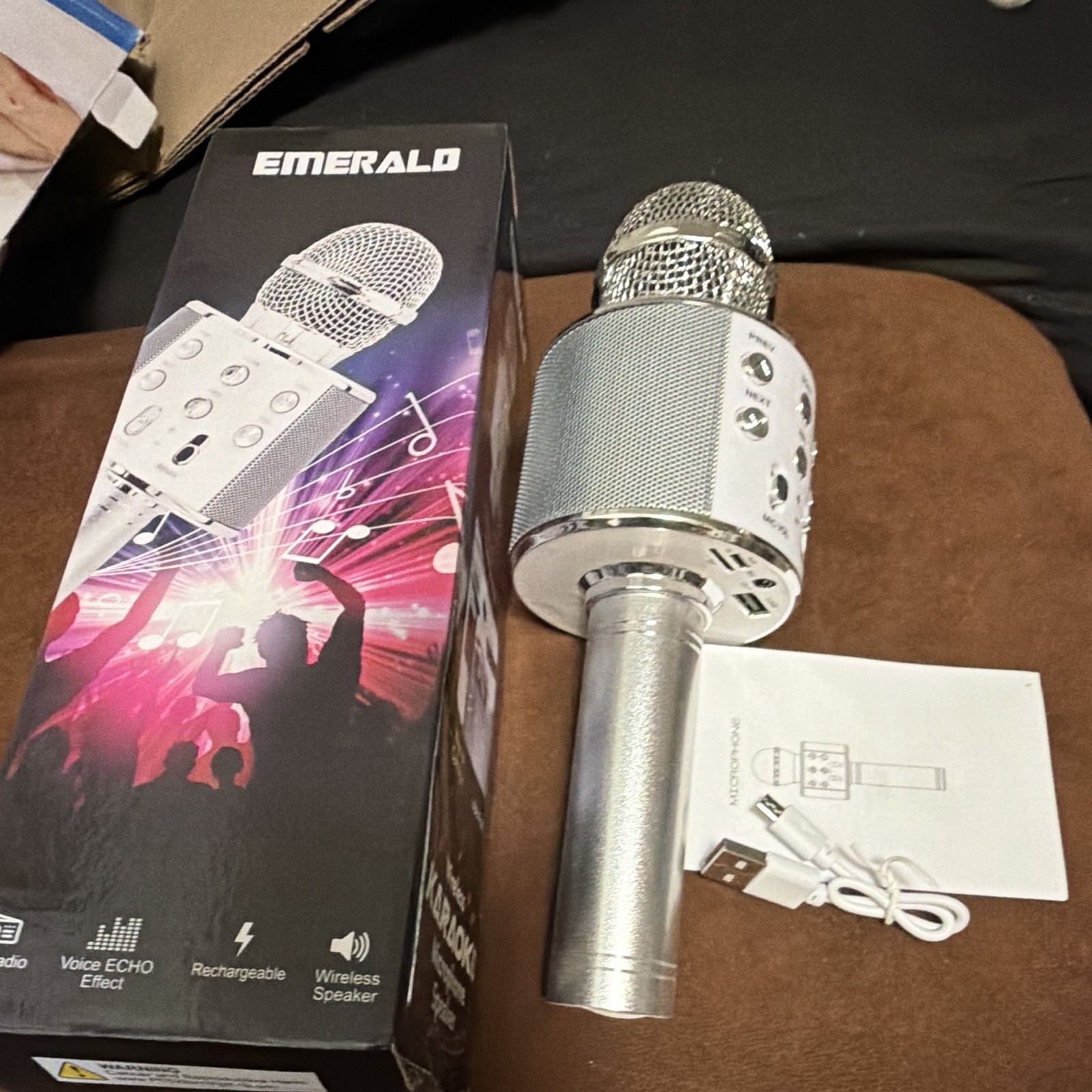 EMERALD Bluetooth Karaoke Microphone Rechargeable Wireless Speaker Echo Silver