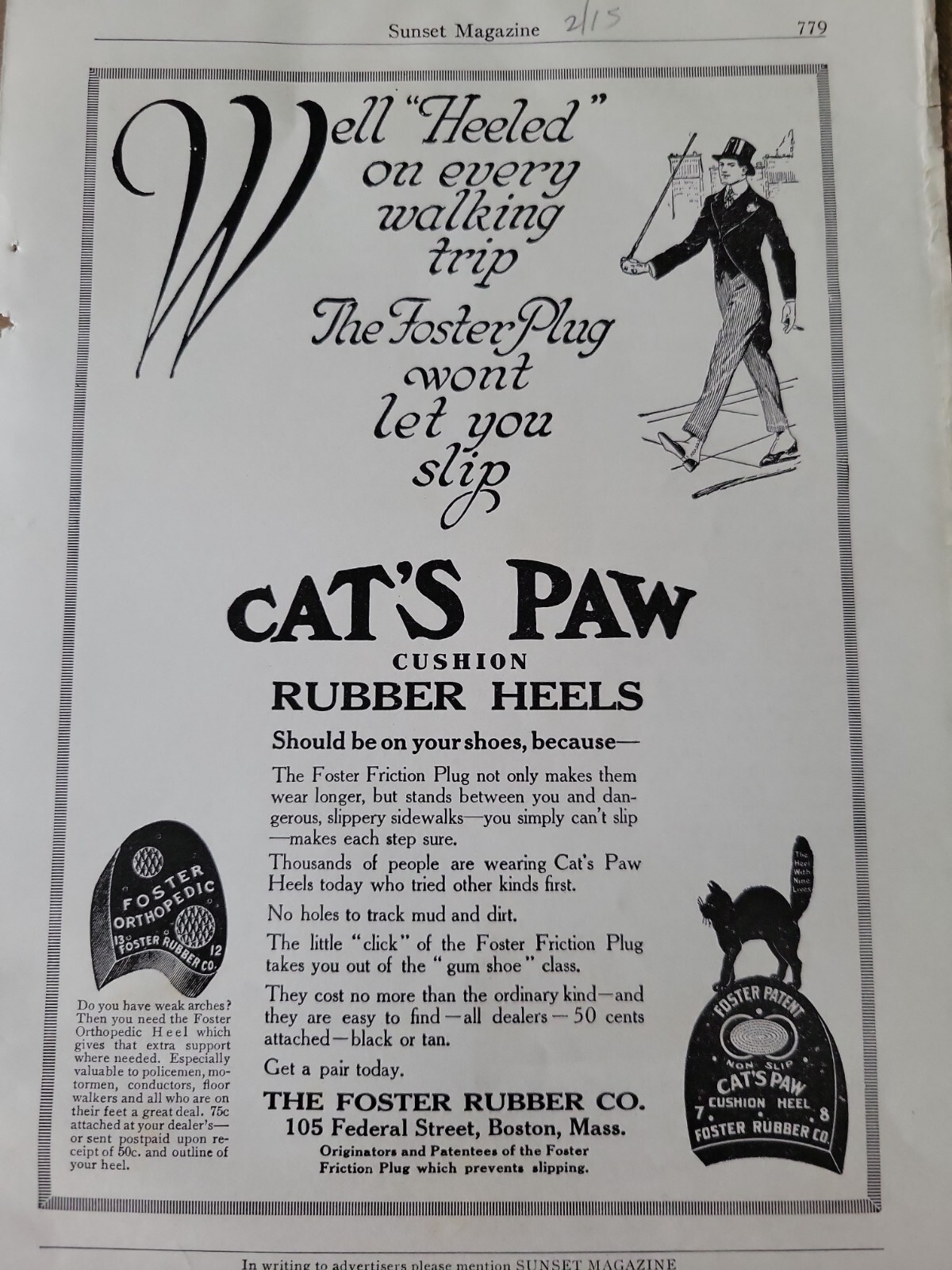 1915 Cat's Paw cushion rubber heel shoes black cat vintage ad