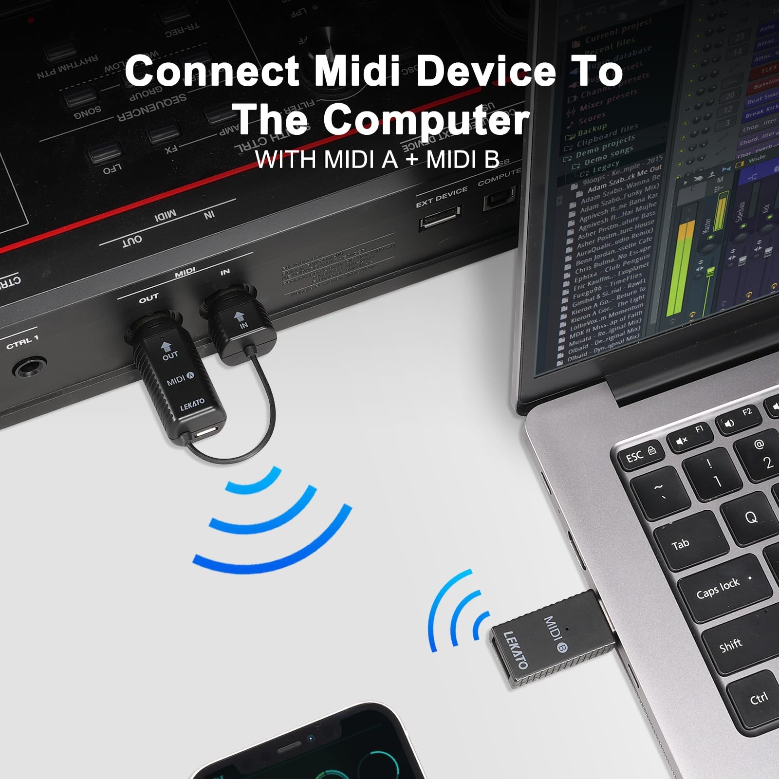 Wireless MIDI Adapter Bluetooth MIDI Adapter 5-PIN DIN with USB Low Latency R...