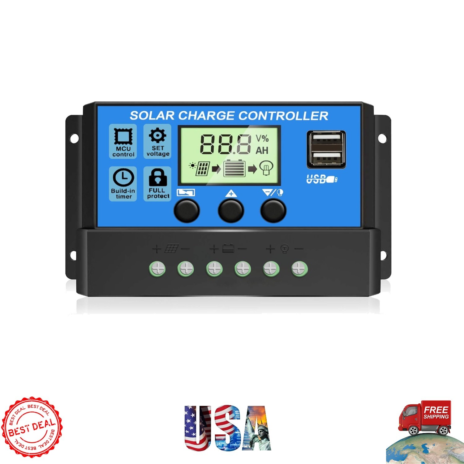 30A PWM Solar Charge Controller with Dual USB Ports & Adjustable LCD Display