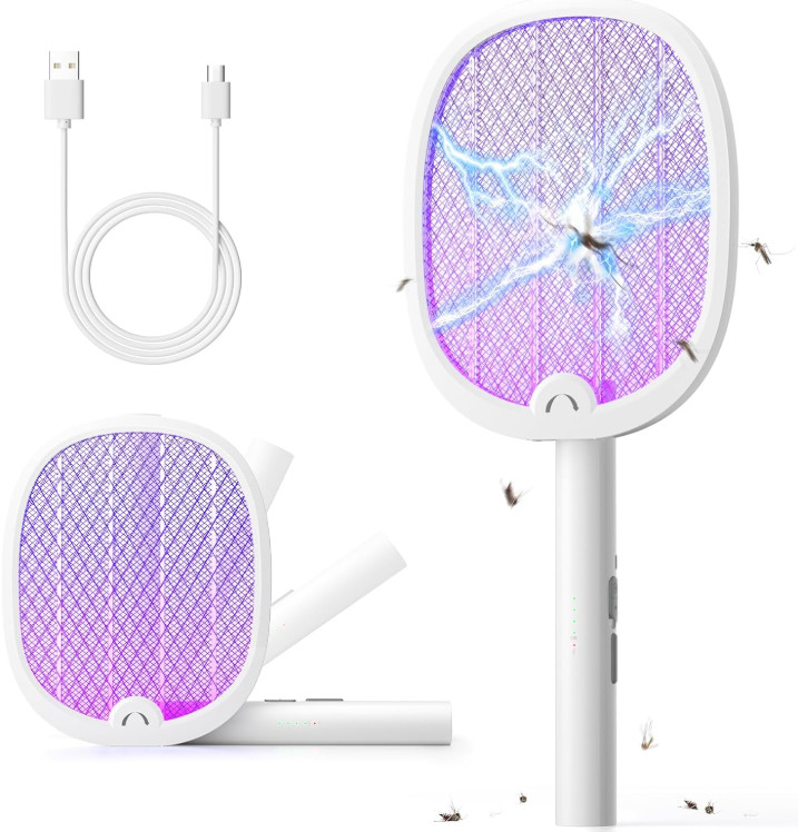 Raqueta Eléctrica Mata Insectos Recargable 2 en 1 con Luz UV Plegable 1800mAh