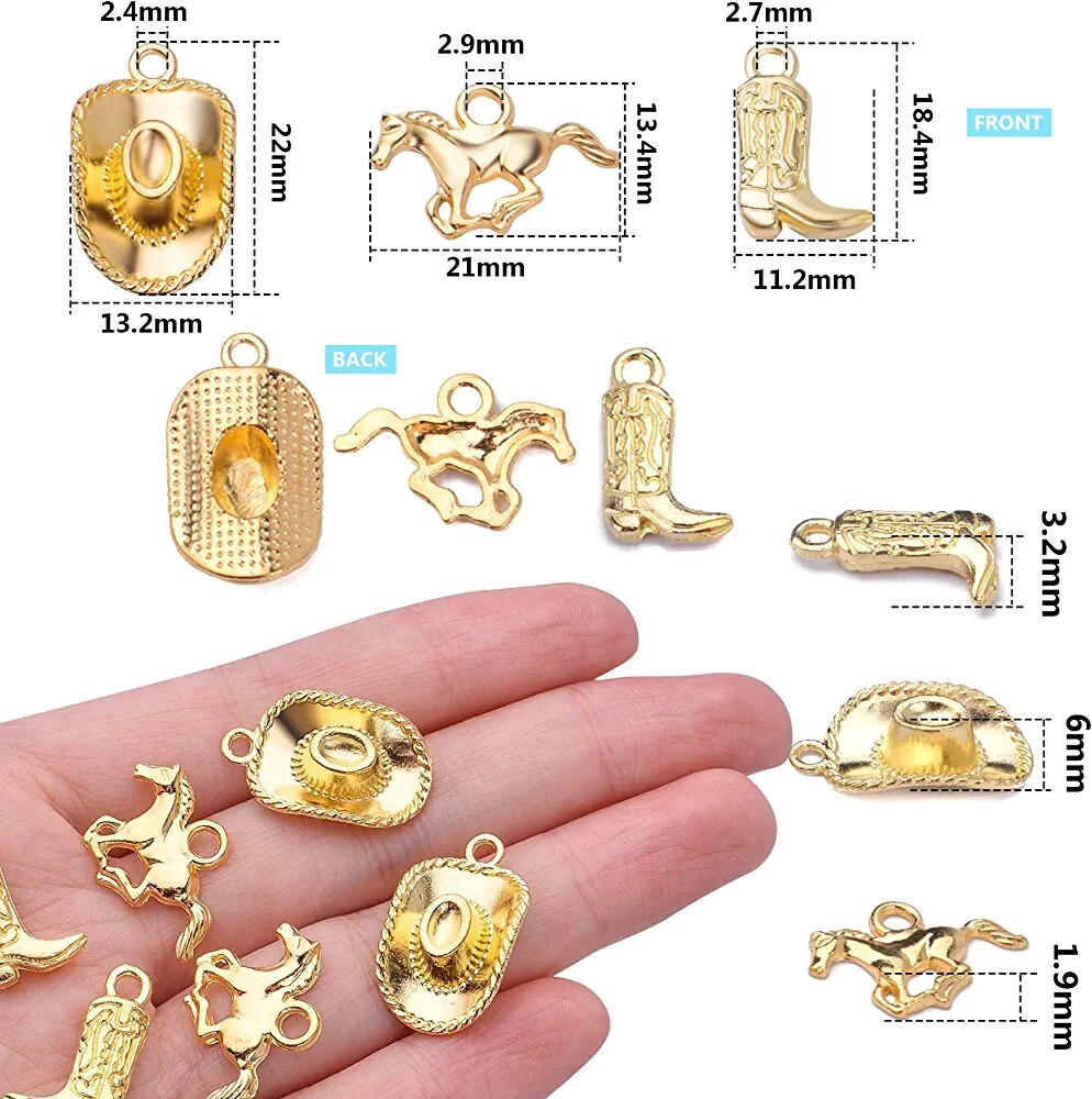 5 Cowboy Hat Charms Gold Boot Horse Western Pendants Cowgirl Findings