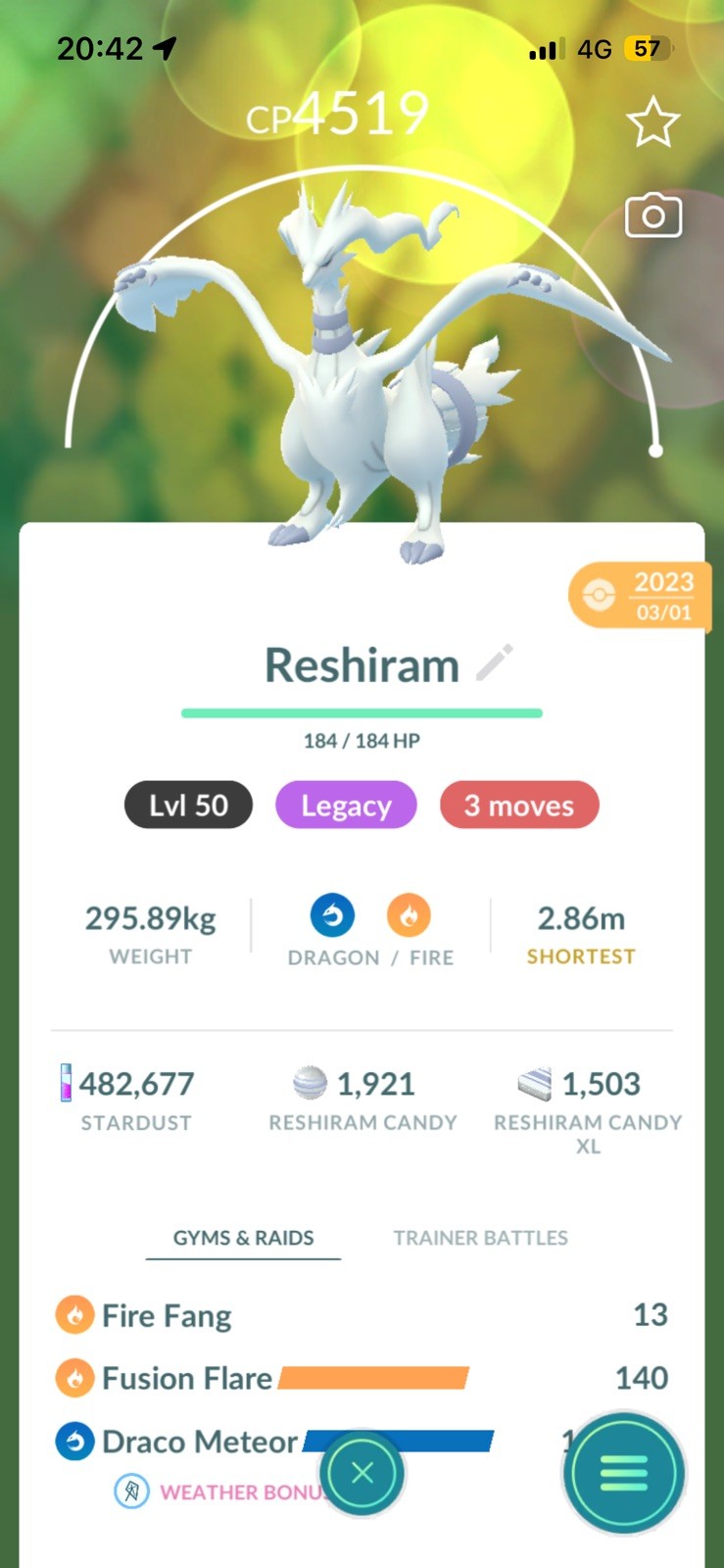 Pokémon Trade Go Level 50-Reshiram 3 Moves Legacy Fusion Flare