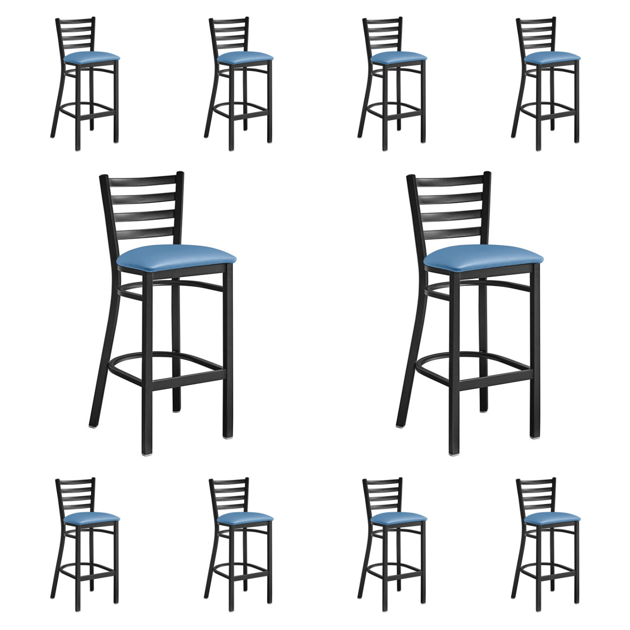 10 PACK Black Ladder Back Metal Restaurant Bar Stool With Blue Vinyl Seat
