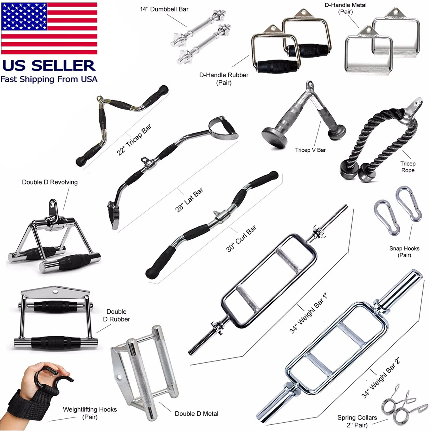 Home Gym Attachments Tricep Rope Lat Bar Press Down Cable Machine Curl Pulldown