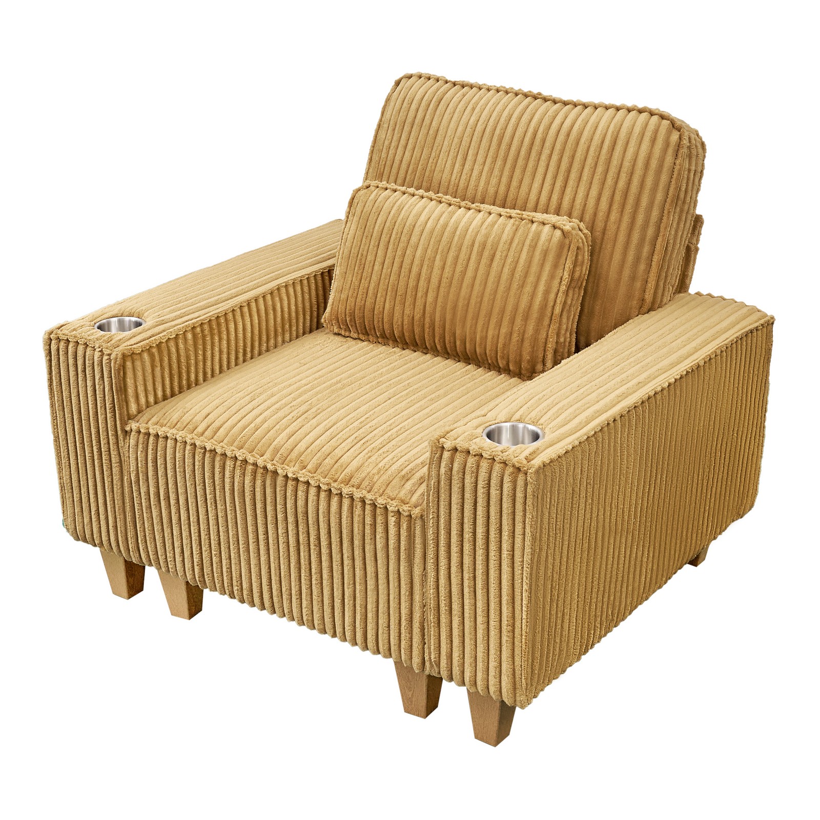Yellow Corduroy Deep Seat Armchair with Cup Holder and Pillow for Living Room