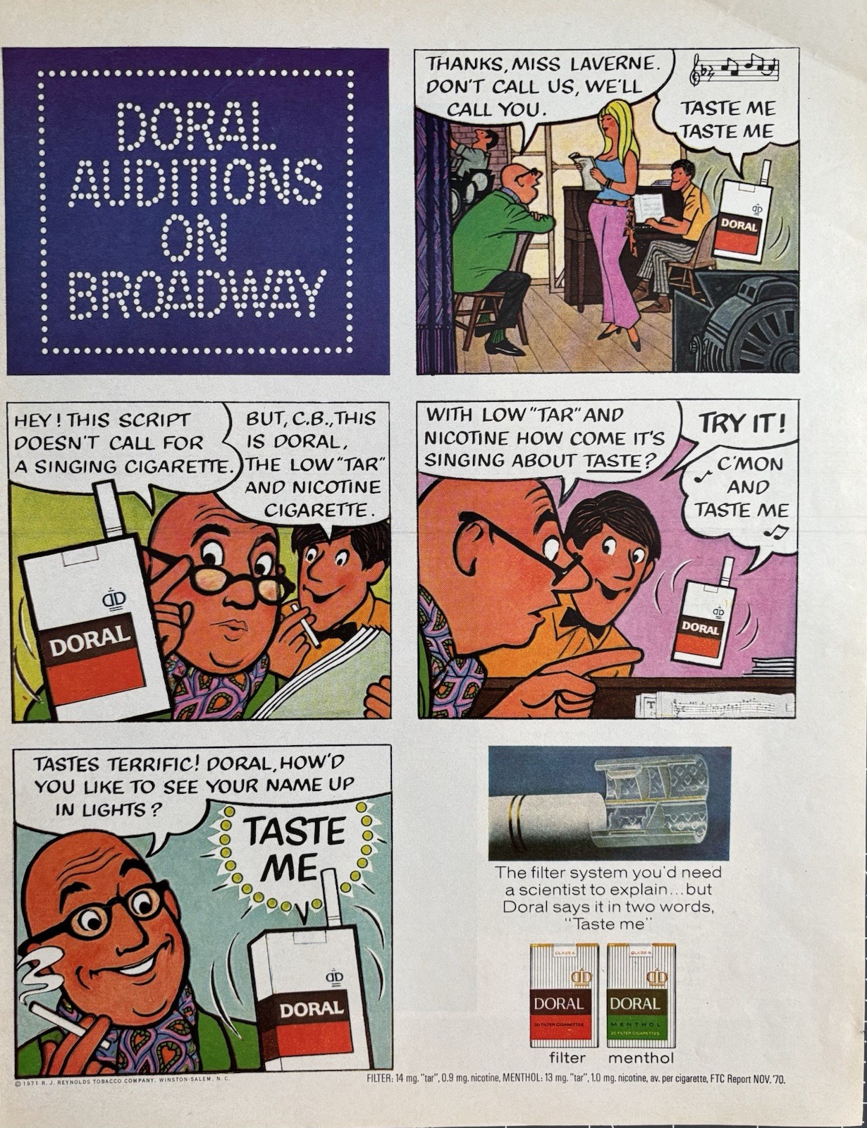 1971 Doral Cigarettes Original Vintage Advertisement Broadway Cartoon Print Ad
