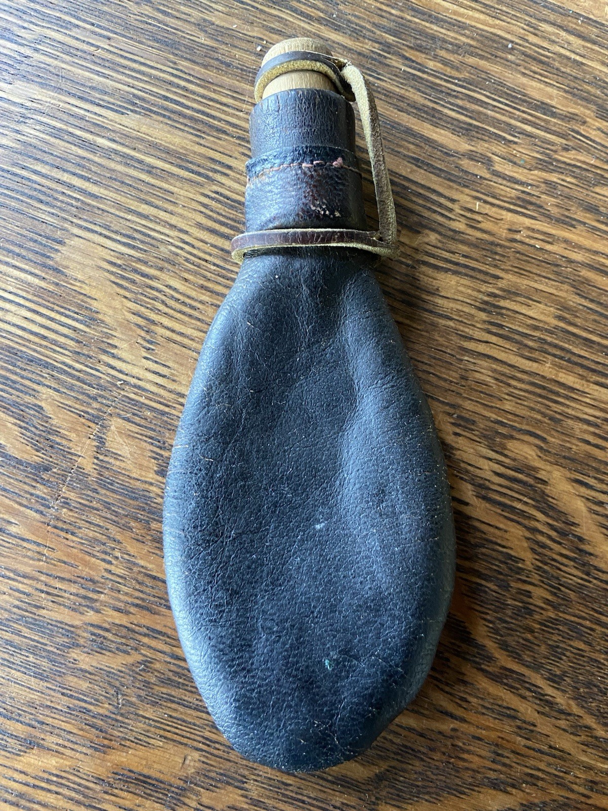RARE Antique Leather and Wood Gun Powder Flask / Vintage Handmade Pouch