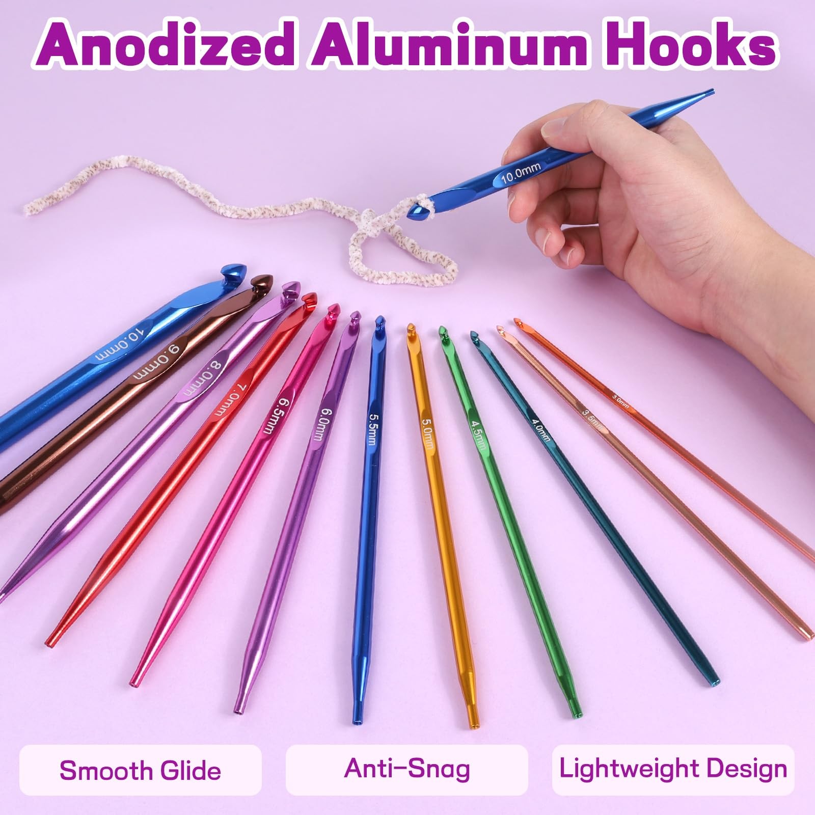 Interchangeable Tunisian Crochet Hooks Set – 12 Sizes (3.0–10mm) Aluminum Cro...