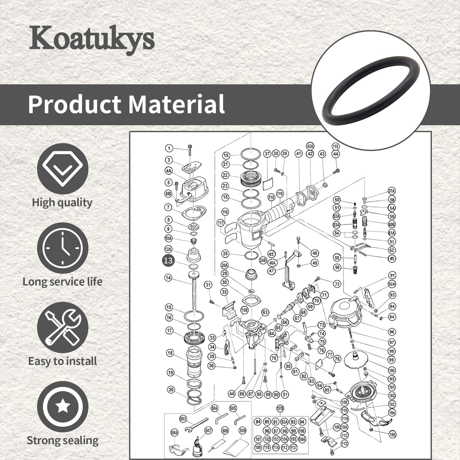 Koatukys 876-174 876174 Piston O-Ring Replacement for Hitachi NV45AA Black