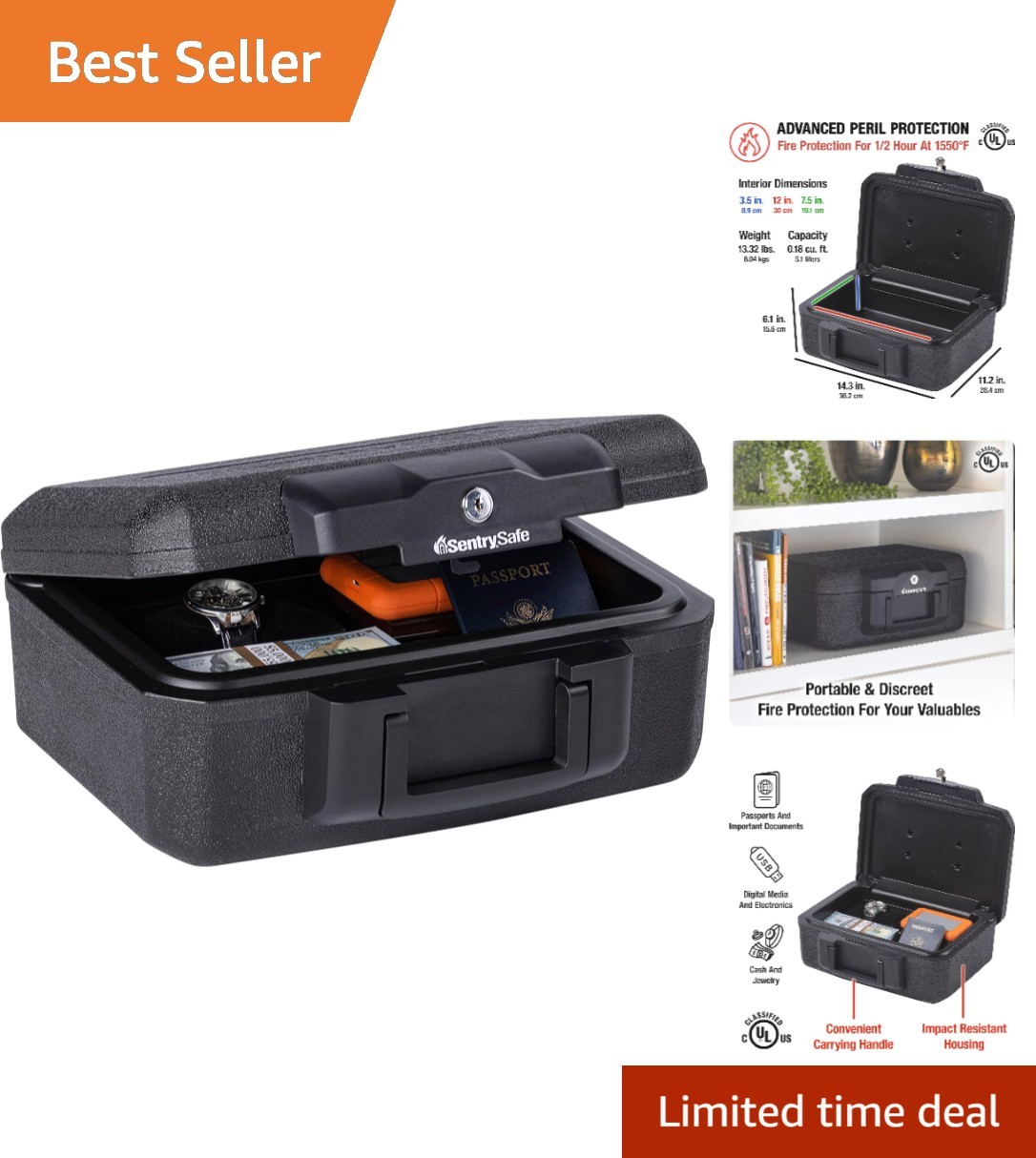 Travel-Friendly Fireproof Safe with Key Lock - 14.3" Portable Valuables Keeper