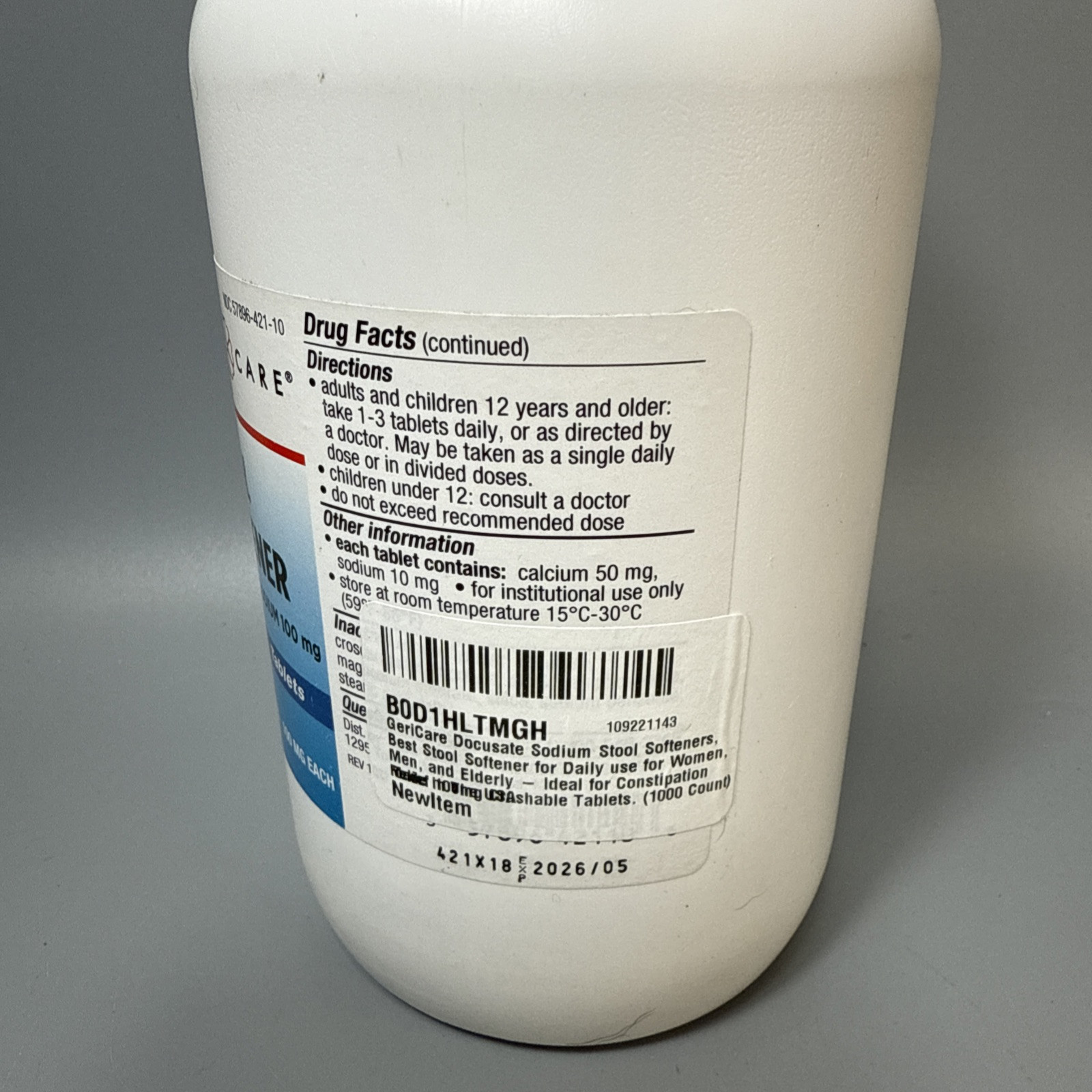 Gericare Docusate Sodium 100mg Stool Softener Tablets Constipation 1000 Count