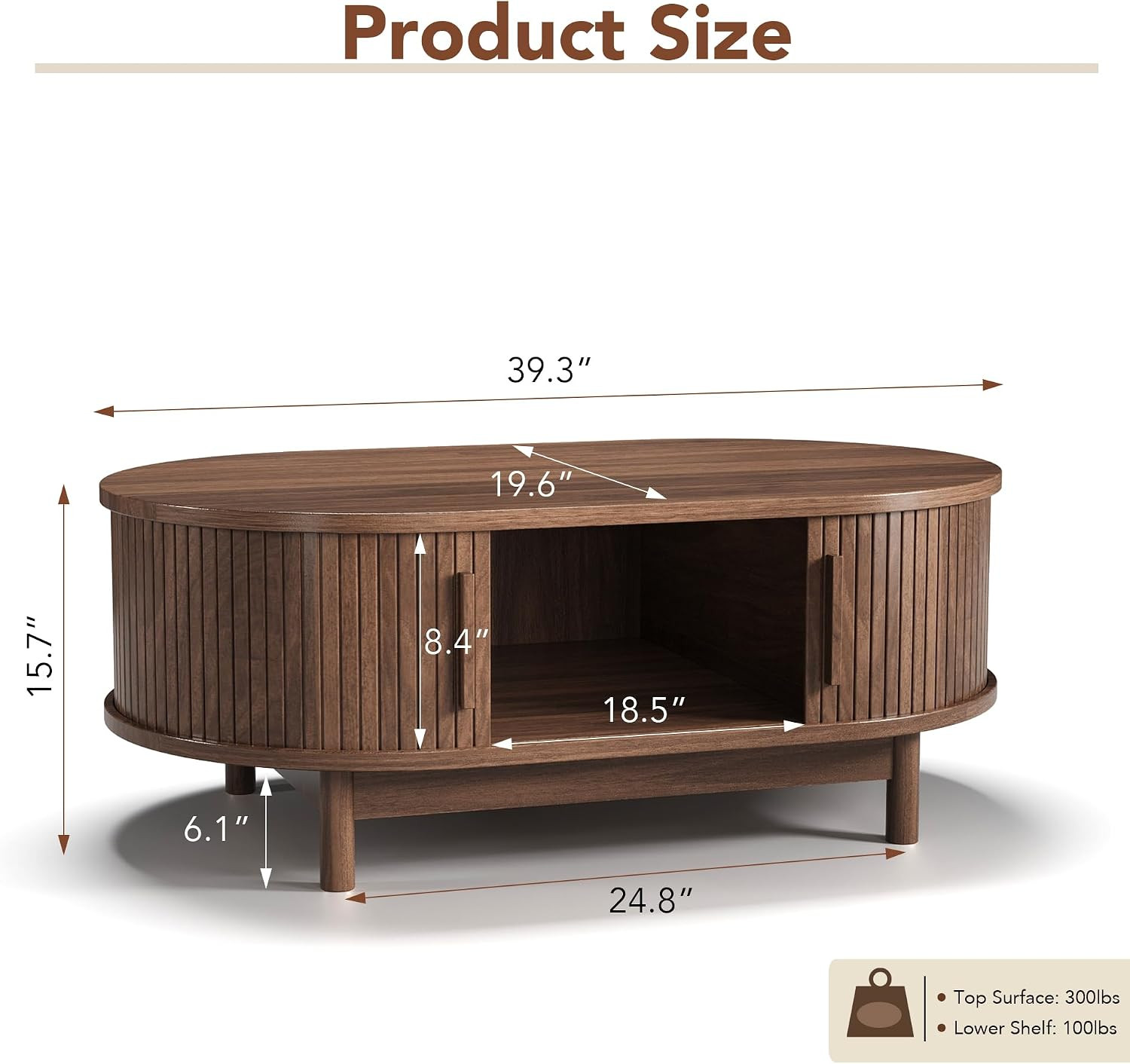 Oval Fluted Coffee Table, 40” Mid Century Modern Center Table with Large Storage