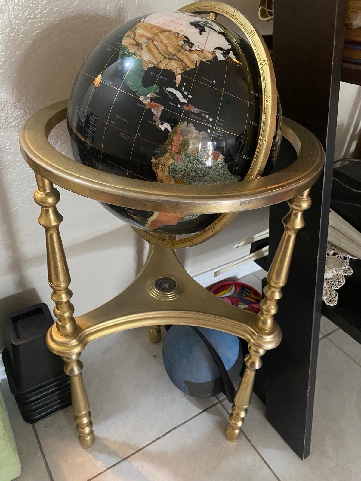 37" Tall Gemstone Globe with 13'" Lapis Ocean on Ambassador Antique Silver 3-Leg
