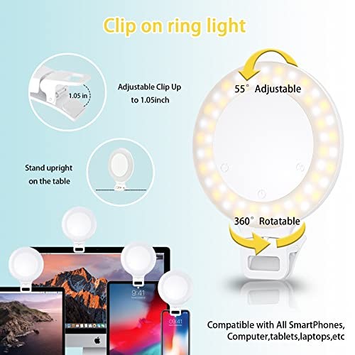 Selfie Ring Light, Clip on Ring Light Touch Control, Rechargeable 800mAh 60LED